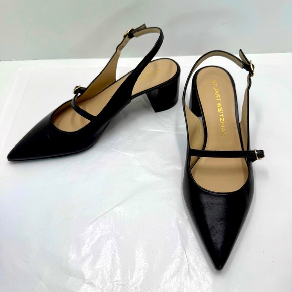 Stuart Weitzman Emilia Mary Jane Black Leather Pointed Slingback Women's 7 B - Picture 1 of 14